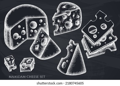 Cheese hand drawn vector illustrations collection. Chalk maasdam.