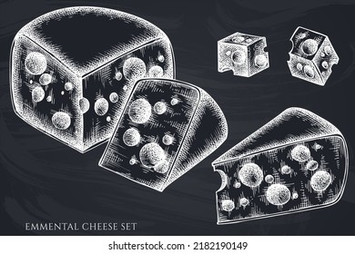 Cheese hand drawn vector illustrations collection. Chalk emmental.