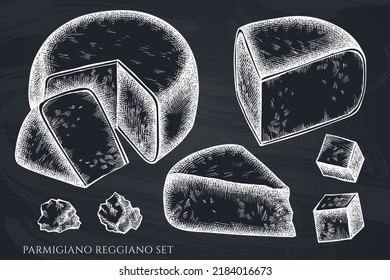 Cheese hand drawn vector illustrations collection. Chalk parmigiano reggiano.