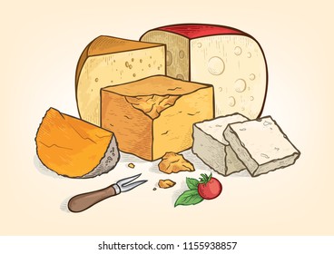 Cheese hand drawn watercolor set. Vector illustration