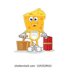 the cheese head holding dynamite detonator. cartoon mascot vector