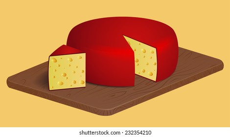 The cheese head with a piece in red packing on a wooden board