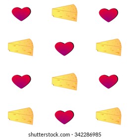 Cheese and heart Seamless Pattern. Vector Background with Cartoon Food and Heart.  