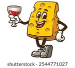 Cheese holding a glass of drink, Cartoon Mascot Illustration Character Vector Clip-art Hand-drawn Logo Design