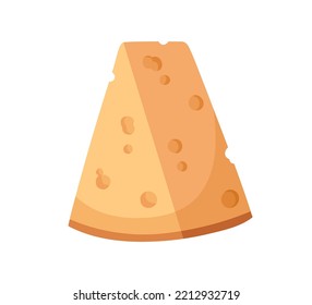 Cheese with holes, cut triangle piece of holland dairy snack. Swiss porous food. Fresh maasdam. Flat vector illustration isolated on white background