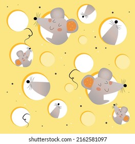 
cheese with holes. gray mice peek through them. bright and cute illustration. can also be used as a texture or background