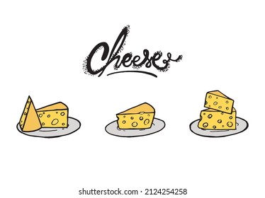 Cheese with holes, hand drawn colored outline illustration symbols. Food symbols with letters that says cheese. delicious food made from milk pen drawing logo. Organic meal served on a plate.