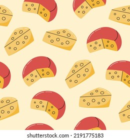 Cheese with holes hand drawn seamless pattern. Farm product in flat style. Vector illustration.