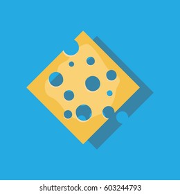Cheese with holes on blue background in flat style with shadow vector illustration.