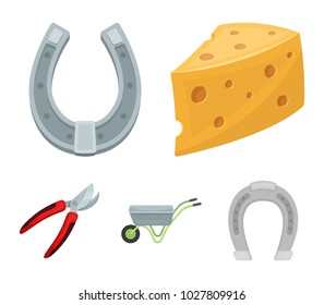 Cheese with holes, a trolley for agricultural work, a horseshoe made of metal, a pruner for cutting trees, shrubs. Farm and gardening set collection icons in cartoon style vector symbol stock