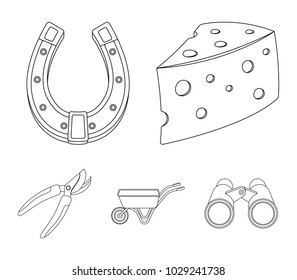 Cheese with holes, a trolley for agricultural work, a horseshoe made of metal, a pruner for cutting trees, shrubs. Farm and gardening set collection icons in outline style vector symbol stock