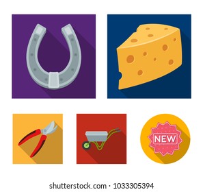 Cheese with holes, a trolley for agricultural work, a horseshoe made of metal, a pruner for cutting trees, shrubs. Farm and gardening set collection icons in flat style vector symbol stock