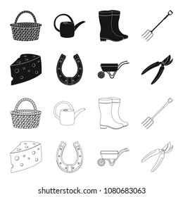 Cheese with holes, a trolley for agricultural work, a horseshoe made of metal, a pruner for cutting trees, shrubs. Farm and gardening set collection icons in black,outline style vector symbol stock