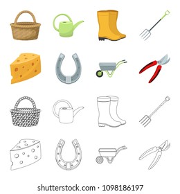 Cheese with holes, a trolley for agricultural work, a horseshoe made of metal, a pruner for cutting trees, shrubs. Farm and gardening set collection icons in cartoon,outline style vector symbol stock