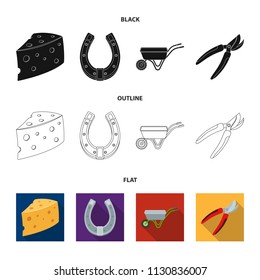Cheese with holes, a trolley for agricultural work, a horseshoe made of metal, a pruner for cutting trees, shrubs. Farm and gardening set collection icons in black,flat,outline style vector symbol