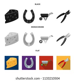 Cheese with holes, a trolley for agricultural work, a horseshoe made of metal, a pruner for cutting trees, shrubs. Farm and gardening set collection icons in black, flat, monochrome style vector