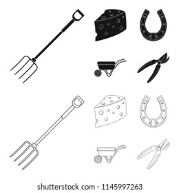 Cheese with holes, a trolley for agricultural work, a horseshoe made of metal, a pruner for cutting trees, shrubs. Farm and gardening set collection icons in black,outline style vector symbol stock