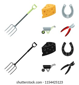 Cheese with holes, a trolley for agricultural work, a horseshoe made of metal, a pruner for cutting trees, shrubs. Farm and gardening set collection icons in cartoon,black style vector symbol stock