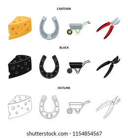 Cheese with holes, a trolley for agricultural work, a horseshoe made of metal, a pruner for cutting trees, shrubs. Farm and gardening set collection icons in cartoon,black,outline style vector symbol