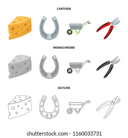Cheese with holes, a trolley for agricultural work, a horseshoe made of metal, a pruner for cutting trees, shrubs. Farm and gardening set collection icons in cartoon,outline,monochrome style vector