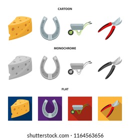 Cheese with holes, a trolley for agricultural work, a horseshoe made of metal, a pruner for cutting trees, shrubs. Farm and gardening set collection icons in cartoon,flat,monochrome style vector