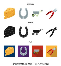 Cheese with holes, a trolley for agricultural work, a horseshoe made of metal, a pruner for cutting trees, shrubs. Farm and gardening set collection icons in cartoon,black,flat style vector symbol