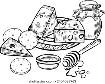 Cheese, honey and crackers line drawing.