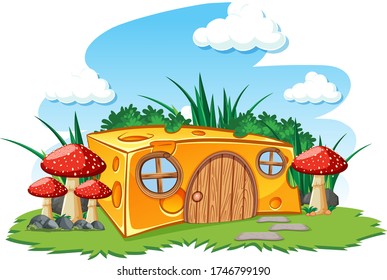 Cheese house with mushroom and in the garden cartoon style on sky background illustration