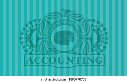 Cheese icon and Accounting text Turquoise color emblem. Bars luxurious background. Intense illustration. 