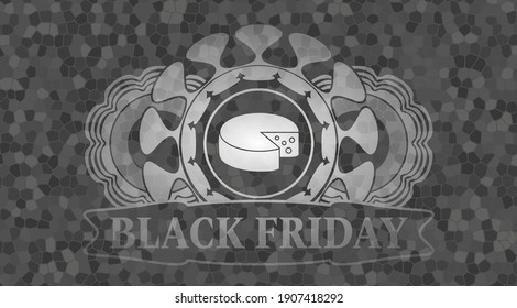Icono de queso y placa de pared de piedra gris de texto del viernes negro. Fondo de lujo rockero. Ilustración. 