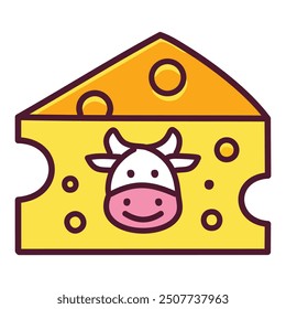 Cheese icon with cow face. Delightful emblem featuring a dairy block with a cheerful bovine face, ideal for designs related to farming, milk, and cheesemaking.