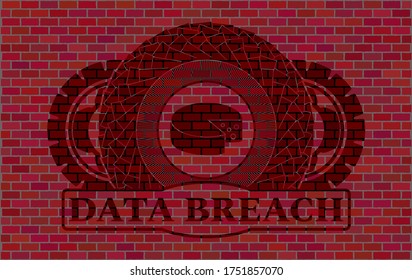 Cheese icon and data breach text red brick wall emblem. Tiles delicate background. Vector illustration. 