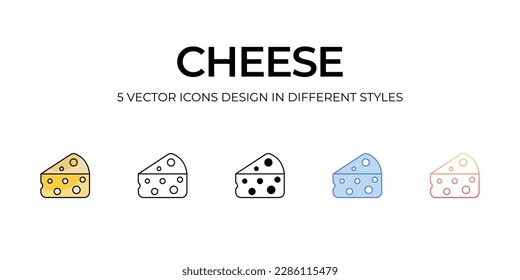 Diseño de iconos de queso en cinco estilos con pulsación editable. Línea, Sólido, Línea plana, Color de tono Duo y Línea de degradado de color. Adecuado para diseño de páginas Web, aplicaciones móviles, UI, UX y GUI.