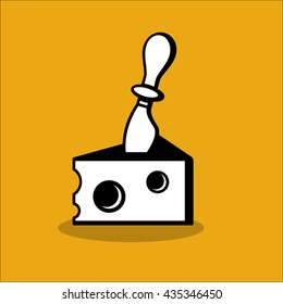 Cheese, cheese icon and knife on yellow background. Vector logo.