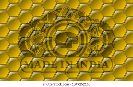 Cheese icon and Made in India text sweet honey bees realistic emblem. beekeeping luxurious background. Intense illustration. 