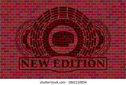 Cheese icon and New edition text red brick wall realistic badge. Tiles delicate background. Intense illustration. 