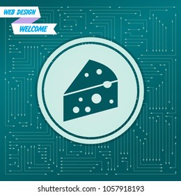 Cheese icon on a green background, with arrows in different directions. It appears on the electronic board. Vector illustration