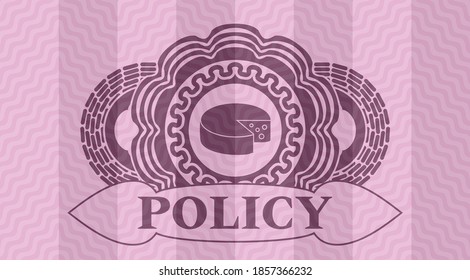 Cheese icon and Policy text pink wavy emblem. Curve luxurious background. Intense illustration. 