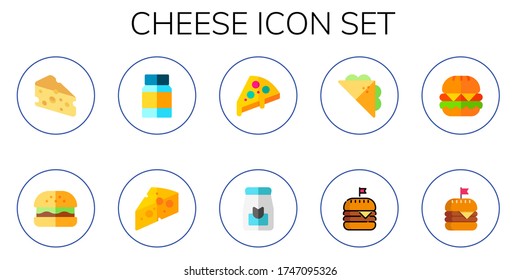 cheese icon set. 10 flat cheese icons. Included hamburguer, mayonnaise, pizza, food, sandwich, burger icons