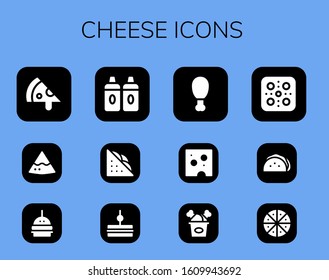 cheese icon set. 12 filled cheese icons. Included Pizza, Nachos, Burger, Sauces, Sandwich, Fried chicken, Cheese, Taco icons