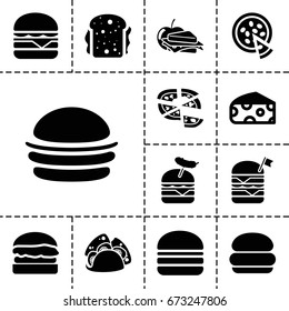 Cheese icon. set of 13 filled cheeseicons such as cheese, burger, taco, pizza, double burger with flag, burger with sausage, cheeseburger, sandwich