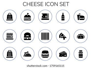 cheese icon set. 15 filled cheese icons.  Simple modern icons such as: Grater, Tiramisu, Burger, Food, Cheese, Churros, Wine, Pizza, Fast food, Taco, Milk