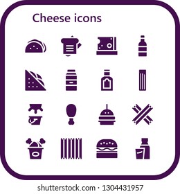 cheese icon set. 16 filled cheese icons.  Collection Of - Taco, Sandwich, Cheese, Wine, Milk, Food, Churros, Fried chicken, Burger