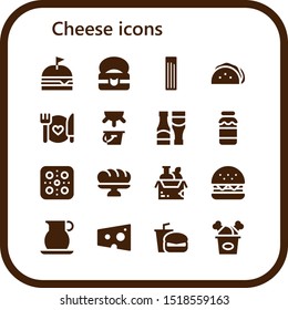 cheese icon set. 16 filled cheese icons.  Collection Of - Burger, Food, Churros, Taco, Milk, Sauces, Pizza, Baguette, Jug, Cheese, Fast food, Fried chicken icons