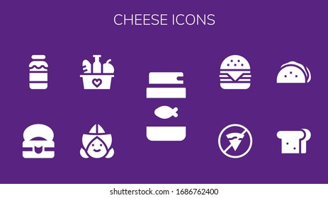 Käsesymbol eingestellt. 9 gefüllte Käsesymbole. Fisch, Niederländisch, Essen, Milch, Sandwich, Taco, Fast Food, Hamburger Symbole