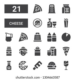 cheese icon set. Collection of 21 filled cheese icons included Wine, Burger, Pizza, Sauce, Pizza slice, Milk, Dutch, Cheese, Sauces, Grater, Jug, Wrap, No fast food