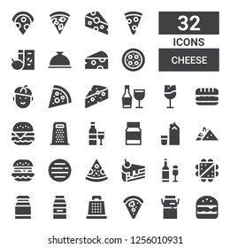 cheese icon set. Collection of 32 filled cheese icons included Burger, Milk, Pizza, Grater, Sandwich, Wine, Cake slice, Hamburger, Hamburguer, Mayonnaise, Cheese, French, Foods