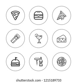 Cheese icon set. collection of 9 outline cheese icons with burger, churro, cheese, food, pizza icons. editable icons.