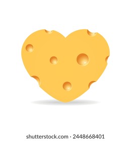Cheese icon in shape of heart with shadow on white background. Cheese texture in realistic style vector illustration.