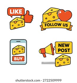Un ícono de queso con Elementos Seguir de redes sociales como "comprar" y nuevas notificaciones de publicaciones con un teléfono de corazón de queso de dibujos animados y un megáfono con un estilo divertido y atractivo